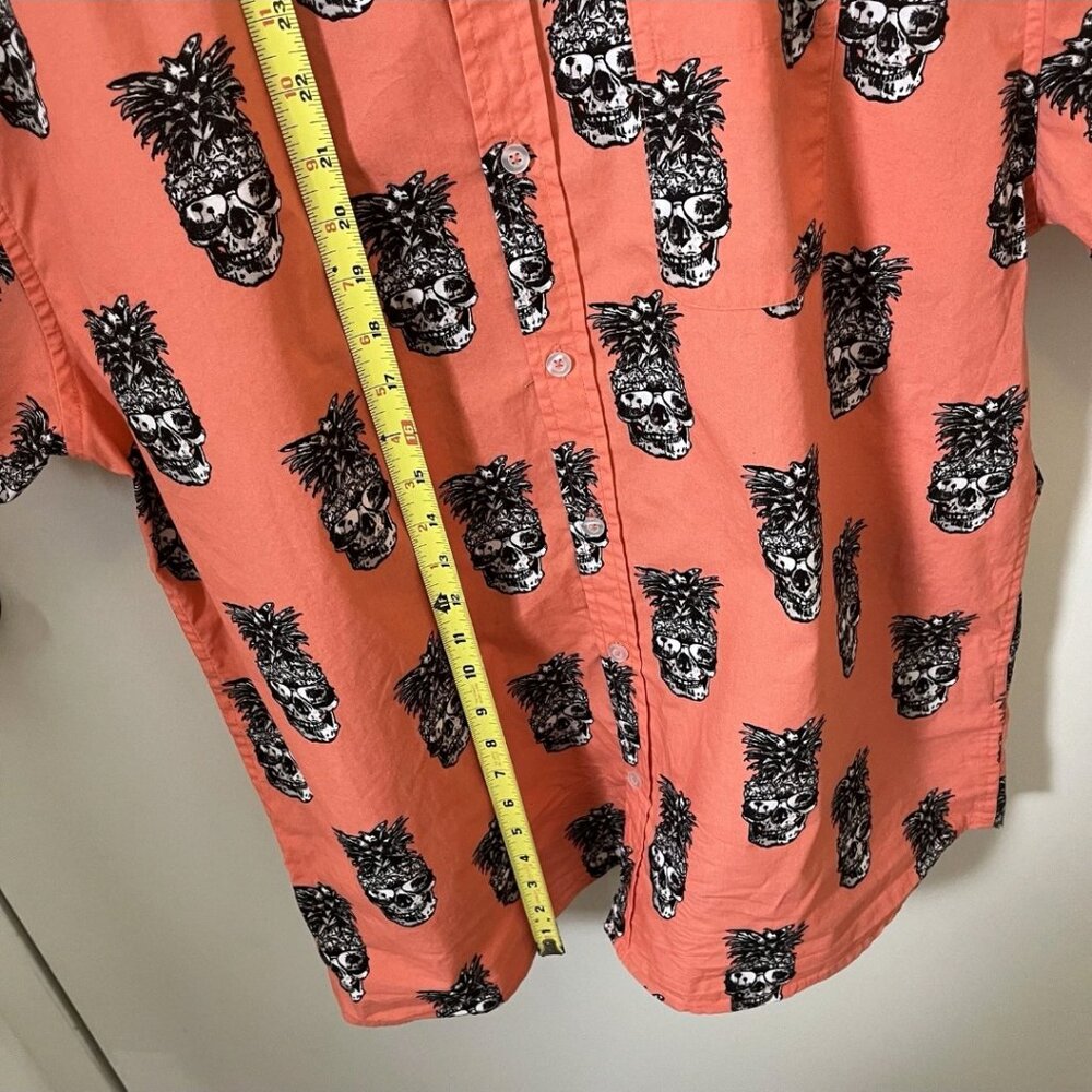 Pineapple Skull Button Down Shirt XL Coral Tropical Novelty Vacation Party - Picture 10 of 16